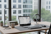 Sony WF-1000XM5 wireless earbuds lifestyle desk setup with laptop and accessories